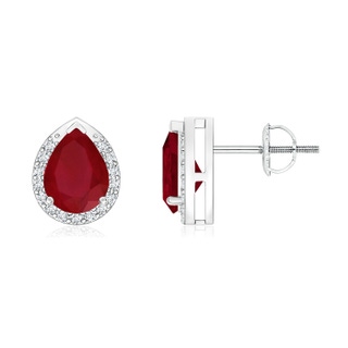 7x5mm AA Pear-Shaped Ruby Stud Earrings with Diamond Halo in P950 Platinum