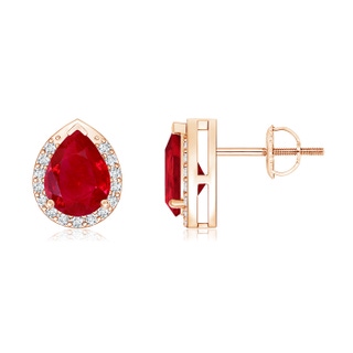 7x5mm AAA Pear-Shaped Ruby Stud Earrings with Diamond Halo in Rose Gold