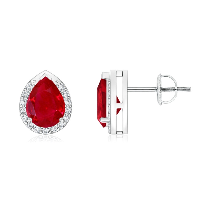 7x5mm AAA Pear-Shaped Ruby Stud Earrings with Diamond Halo in White Gold 