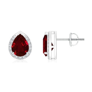 7x5mm AAAA Pear-Shaped Ruby Stud Earrings with Diamond Halo in P950 Platinum