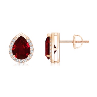 7x5mm AAAA Pear-Shaped Ruby Stud Earrings with Diamond Halo in Rose Gold