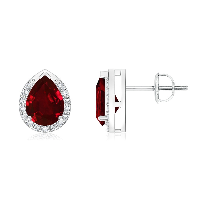 7x5mm Lab-Grown Pear-Shaped Ruby Stud Earrings with Diamond Halo in White Gold