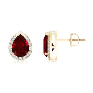 7x5mm AAAA Pear-Shaped Ruby Stud Earrings with Diamond Halo in Yellow Gold