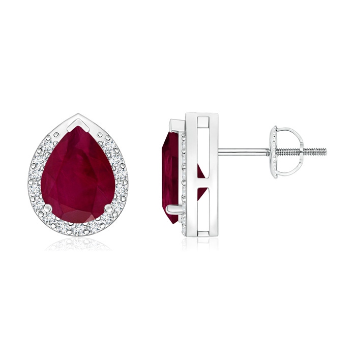 8x6mm A Pear-Shaped Ruby Stud Earrings with Diamond Halo in White Gold 