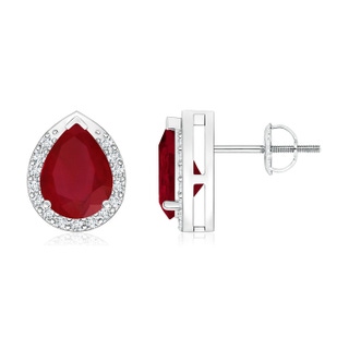 8x6mm AA Pear-Shaped Ruby Stud Earrings with Diamond Halo in P950 Platinum