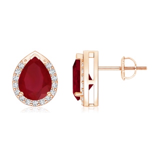 8x6mm AA Pear-Shaped Ruby Stud Earrings with Diamond Halo in Rose Gold