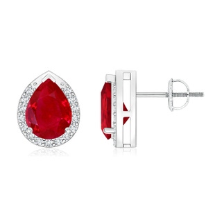 8x6mm AAA Pear-Shaped Ruby Stud Earrings with Diamond Halo in P950 Platinum