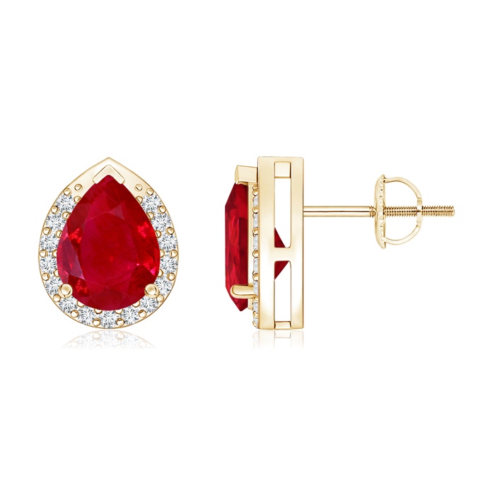 8x6mm AAA Pear-Shaped Ruby Stud Earrings with Diamond Halo in Yellow Gold 