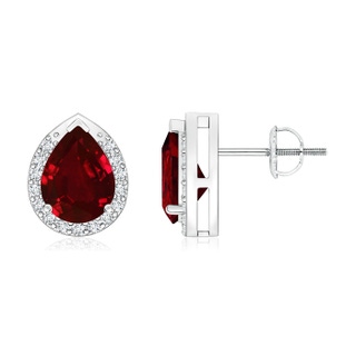 8x6mm AAAA Pear-Shaped Ruby Stud Earrings with Diamond Halo in P950 Platinum