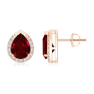 8x6mm AAAA Pear-Shaped Ruby Stud Earrings with Diamond Halo in Rose Gold