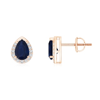 6x4mm A Pear-Shaped Blue Sapphire Stud Earrings with Diamond Halo in Rose Gold