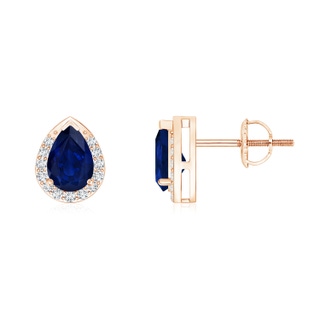 6x4mm AA Pear-Shaped Blue Sapphire Stud Earrings with Diamond Halo in Rose Gold