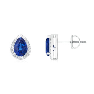 6x4mm AAA Pear-Shaped Blue Sapphire Stud Earrings with Diamond Halo in White Gold