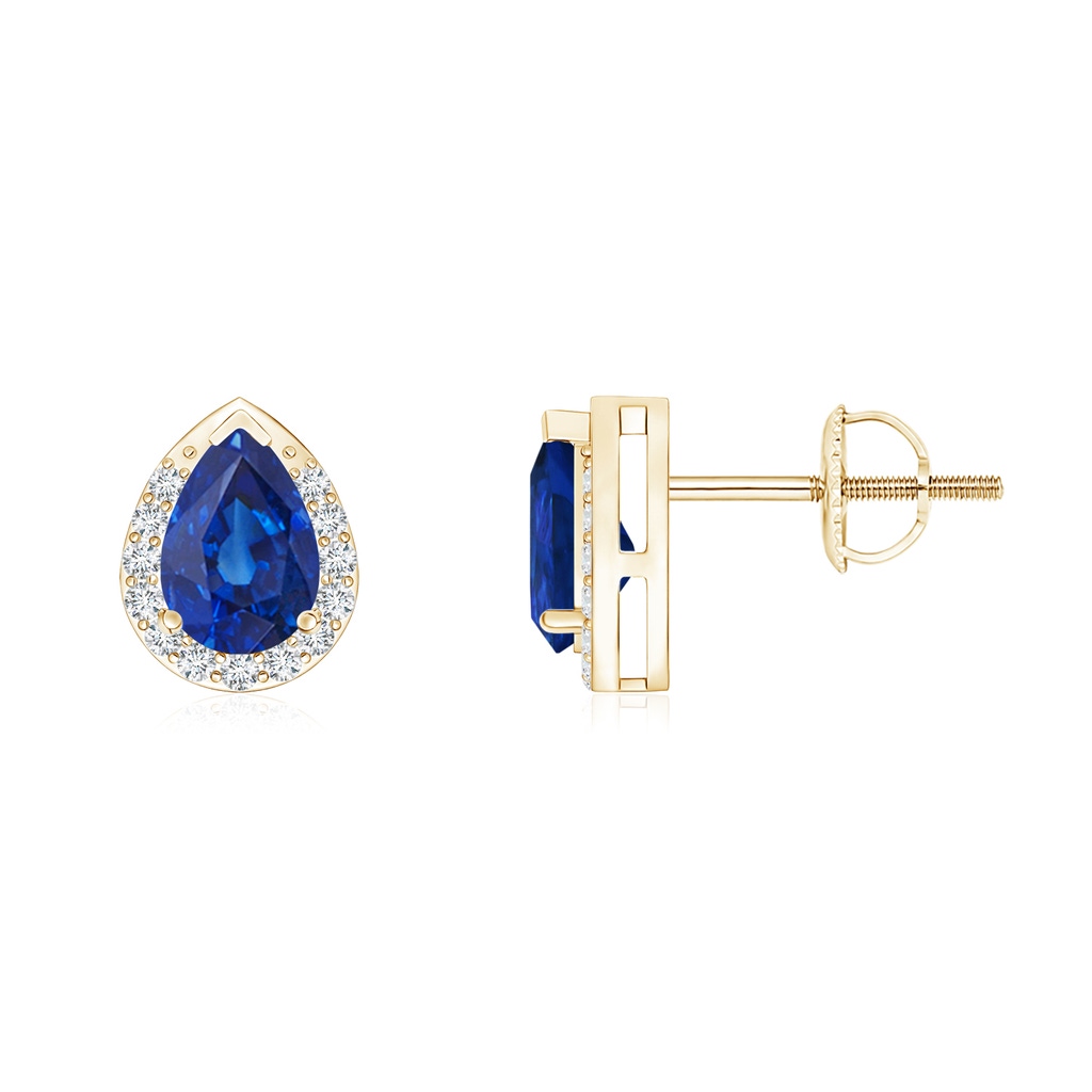 6x4mm AAA Pear-Shaped Blue Sapphire Stud Earrings with Diamond Halo in Yellow Gold