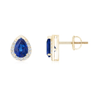 6x4mm AAA Pear-Shaped Blue Sapphire Stud Earrings with Diamond Halo in Yellow Gold