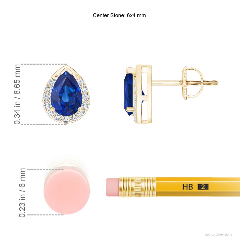 6x4mm AAA Pear-Shaped Blue Sapphire Stud Earrings with Diamond Halo in Yellow Gold ruler
