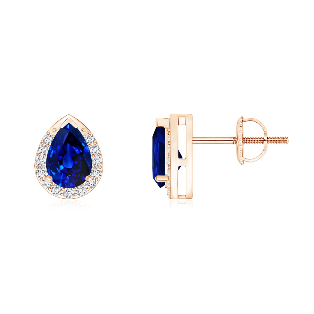 6x4mm AAAA Pear-Shaped Blue Sapphire Stud Earrings with Diamond Halo in Rose Gold