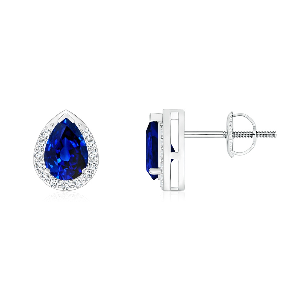 6x4mm AAAA Pear-Shaped Blue Sapphire Stud Earrings with Diamond Halo in White Gold 