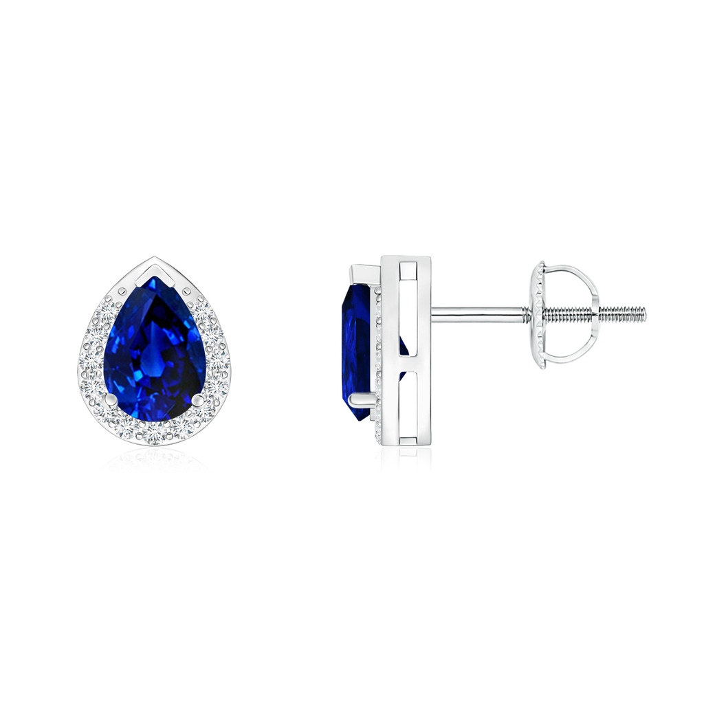 6x4mm AAAA Pear-Shaped Blue Sapphire Stud Earrings with Diamond Halo in White Gold