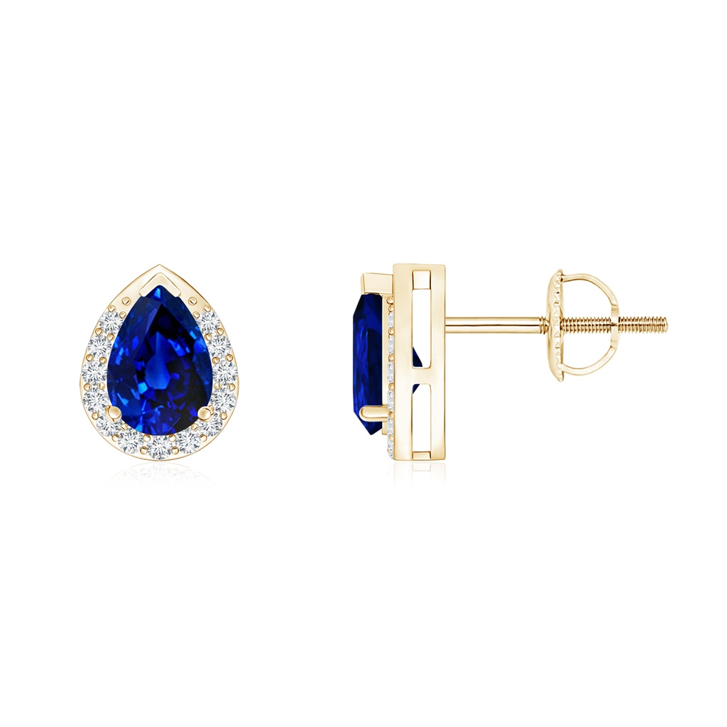 6x4mm AAAA Pear-Shaped Blue Sapphire Stud Earrings with Diamond Halo in Yellow Gold