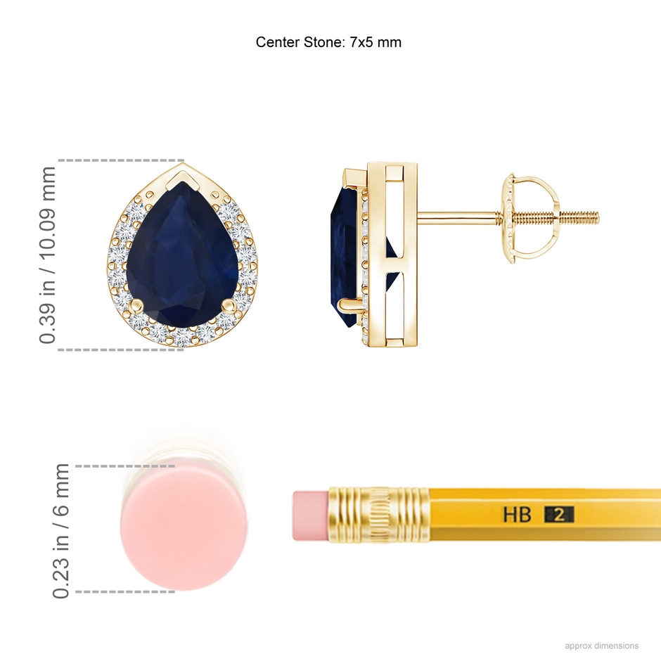 7x5mm A Pear-Shaped Blue Sapphire Stud Earrings with Diamond Halo in Yellow Gold ruler