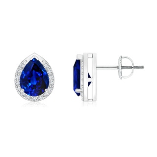 7x5mm AAAA Pear-Shaped Blue Sapphire Stud Earrings with Diamond Halo in P950 Platinum
