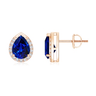 7x5mm AAAA Pear-Shaped Blue Sapphire Stud Earrings with Diamond Halo in Rose Gold