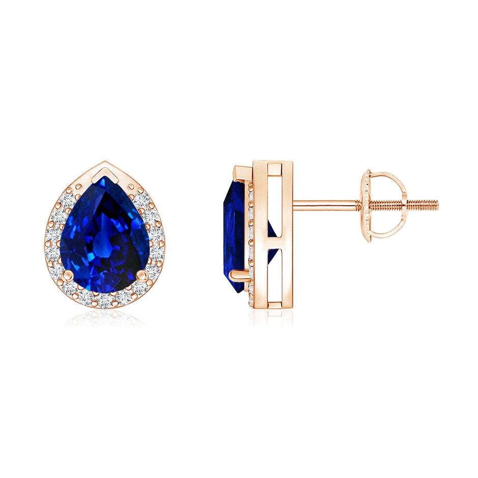 7x5mm Lab-Grown Pear-Shaped Blue Sapphire Stud Earrings with Diamond Halo in Rose Gold 