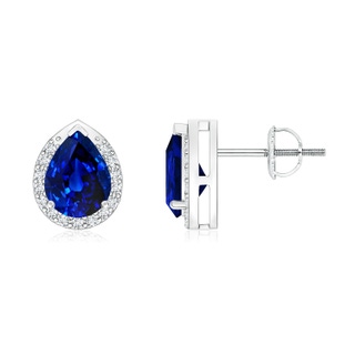 7x5mm Lab-Grown Pear-Shaped Blue Sapphire Stud Earrings with Diamond Halo in White Gold