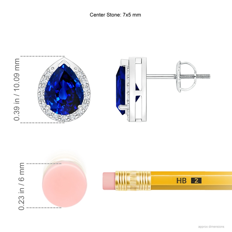 7x5mm AAAA Pear-Shaped Blue Sapphire Stud Earrings with Diamond Halo in White Gold ruler