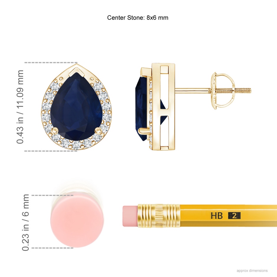 8x6mm A Pear-Shaped Blue Sapphire Stud Earrings with Diamond Halo in 18K Yellow Gold ruler
