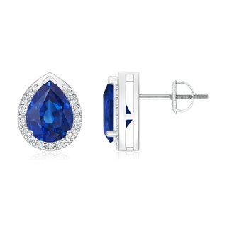 8x6mm AAA Pear-Shaped Blue Sapphire Stud Earrings with Diamond Halo in P950 Platinum