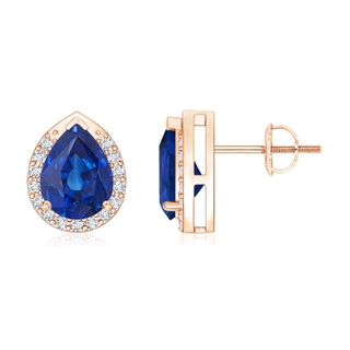 8x6mm AAA Pear-Shaped Blue Sapphire Stud Earrings with Diamond Halo in Rose Gold