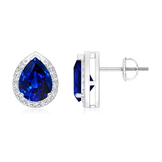 8x6mm AAAA Pear-Shaped Blue Sapphire Stud Earrings with Diamond Halo in P950 Platinum