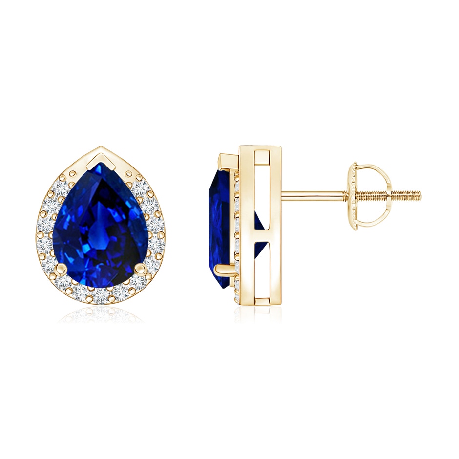 8x6mm Lab-Grown Pear-Shaped Blue Sapphire Stud Earrings with Diamond Halo in Yellow Gold 