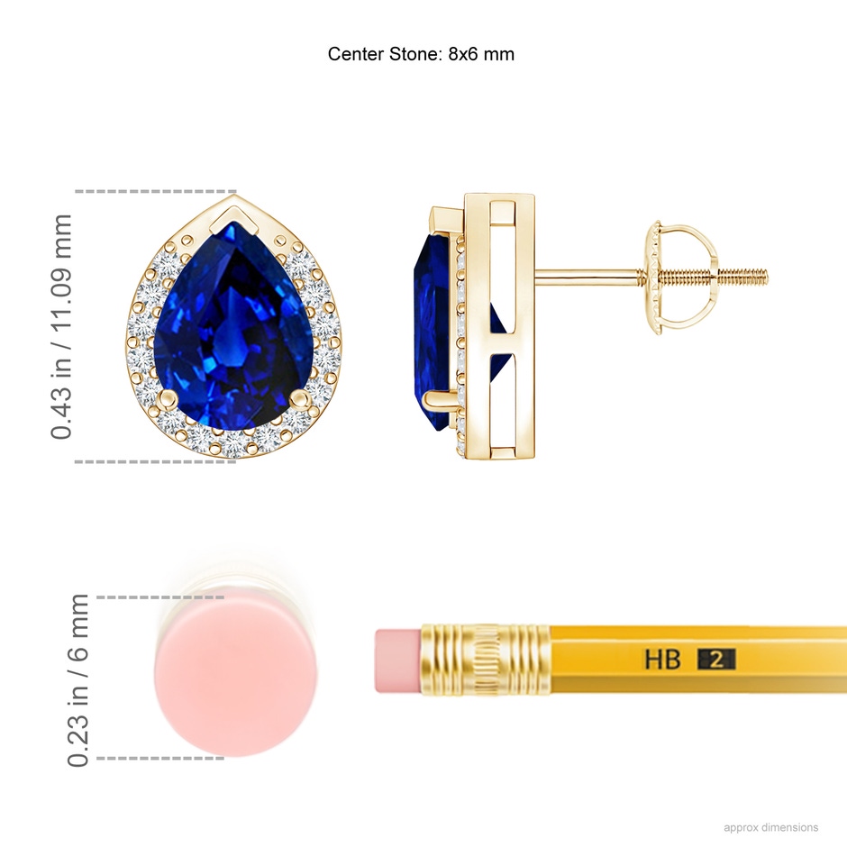 8x6mm Lab-Grown Pear-Shaped Blue Sapphire Stud Earrings with Diamond Halo in Yellow Gold product image
