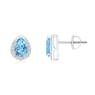 6x4mm A Pear-Shaped Swiss Blue Topaz Stud Earrings with Diamond Halo in P950 Platinum