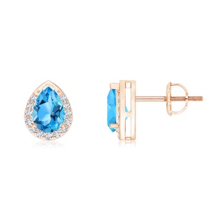 6x4mm AAA Pear-Shaped Swiss Blue Topaz Stud Earrings with Diamond Halo in Rose Gold