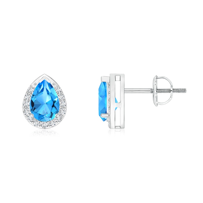 6x4mm AAAA Pear-Shaped Swiss Blue Topaz Stud Earrings with Diamond Halo in P950 Platinum