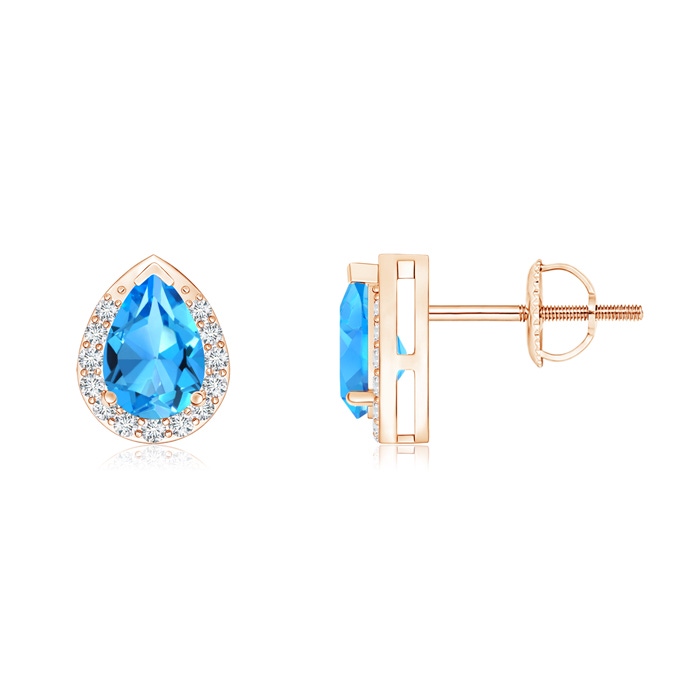 6x4mm AAAA Pear-Shaped Swiss Blue Topaz Stud Earrings with Diamond Halo in Rose Gold