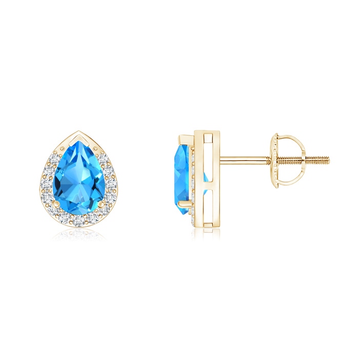 6x4mm AAAA Pear-Shaped Swiss Blue Topaz Stud Earrings with Diamond Halo in Yellow Gold