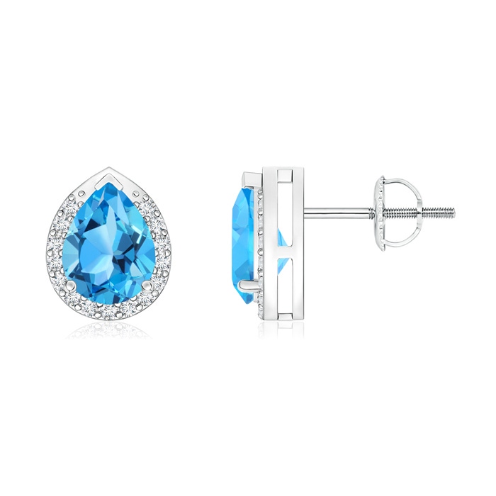 7x5mm AAA Pear-Shaped Swiss Blue Topaz Stud Earrings with Diamond Halo in White Gold 