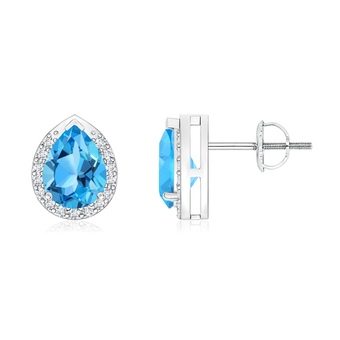 7x5mm AAA Pear-Shaped Swiss Blue Topaz Stud Earrings with Diamond Halo in White Gold