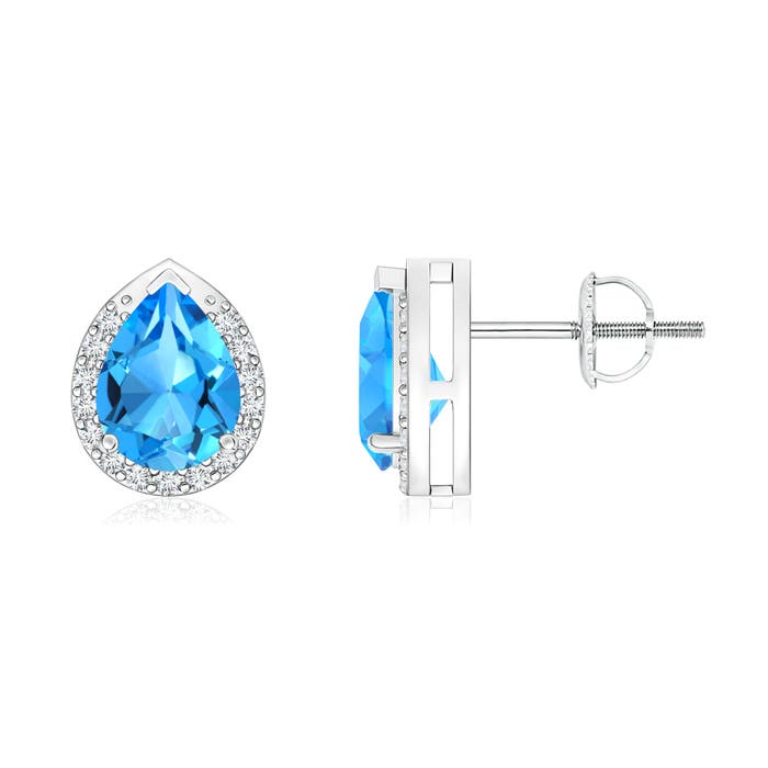 7x5mm AAAA Pear-Shaped Swiss Blue Topaz Stud Earrings with Diamond Halo in P950 Platinum