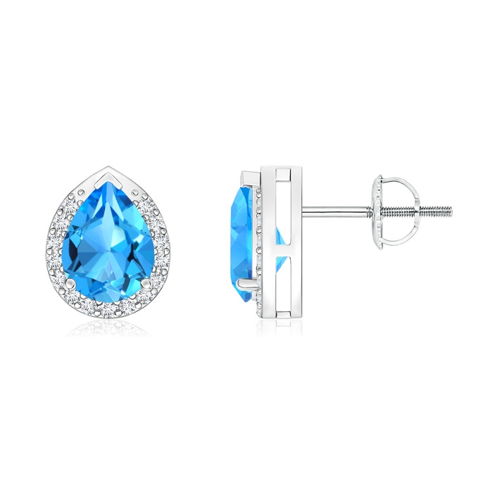 7x5mm AAAA Pear-Shaped Swiss Blue Topaz Stud Earrings with Diamond Halo in P950 Platinum 