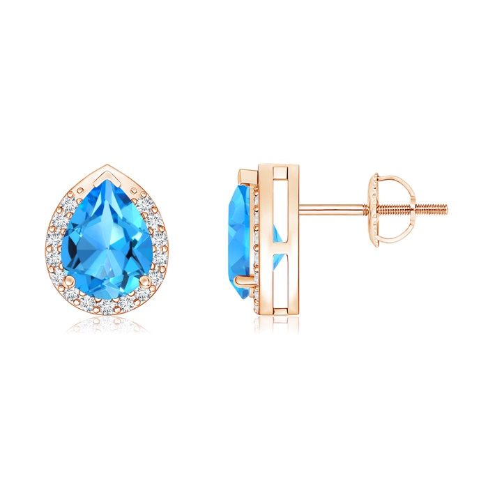7x5mm AAAA Pear-Shaped Swiss Blue Topaz Stud Earrings with Diamond Halo in Rose Gold 