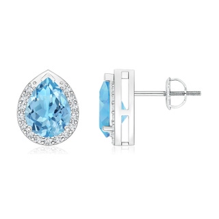 8x6mm A Pear-Shaped Swiss Blue Topaz Stud Earrings with Diamond Halo in P950 Platinum