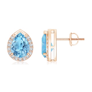 8x6mm A Pear-Shaped Swiss Blue Topaz Stud Earrings with Diamond Halo in Rose Gold