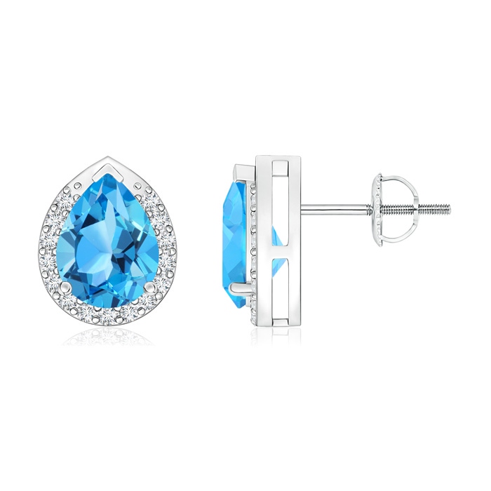 8x6mm AAA Pear-Shaped Swiss Blue Topaz Stud Earrings with Diamond Halo in White Gold 