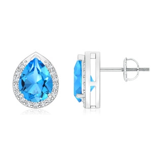 8x6mm AAAA Pear-Shaped Swiss Blue Topaz Stud Earrings with Diamond Halo in P950 Platinum